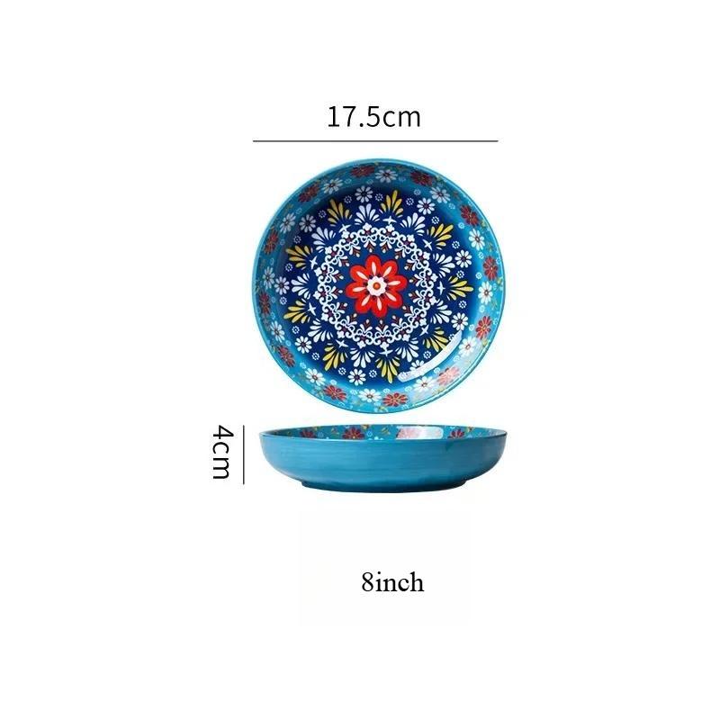 Bohemian Hand Painted Ceramic Plate 7/8 Inch, Colorful Mandala Porcelain Dinner Plate, Vintage Decorative Serving Dishes for Kitchen Dining Home Decor