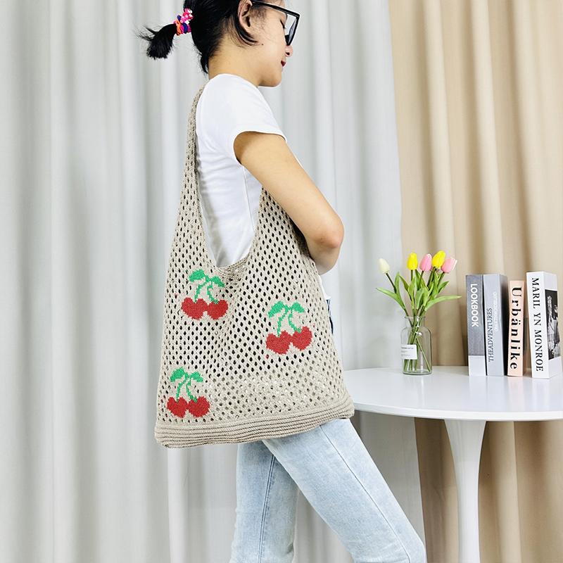 New I-Knitted Bag Knitted Bag Large Capacity Tote Bag Cherry Shoulder Bag
