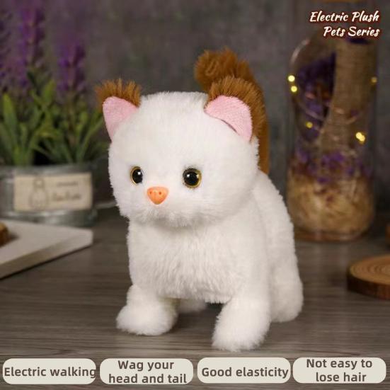 Kids Electric Plush Cat Toy Walking Head Shaking Tail Wagging Interactive Kitten Plushie Toy Toddlers Boys Girls Educational Simulation Animal Toy