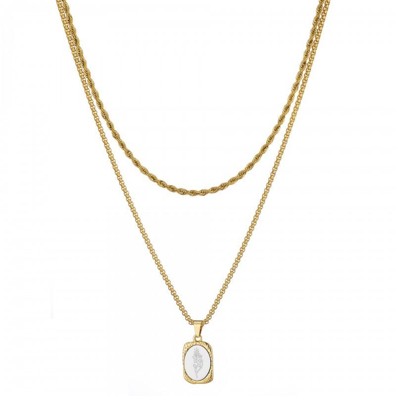 Vintage Floral Titanium Steel Necklace With Engraved French Mirror Square Pendant Layered Locket Chain Women
