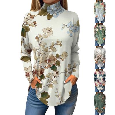 Women's Fashionable Casual High Neck Printed Long Sleeve T-Shirt Pullover Top