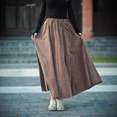 Retro Literacka Bawełniana Spódnica Midi z Lnu z Elastyczną Gumką w Pasie - Jesień/Zima