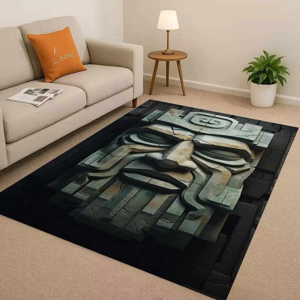 Retro Aztec Totem Maya Mask Sun God Living Room Non-Slip Area Rug Soft Carpet For Bedroom Sofa , Easy Clean Home Doormat Playmat