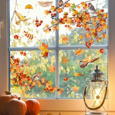 Autumn Leaves Bird Window Clings Peel and Stick Window Decal for Home Decor Fall Decoration for Living Room Bedroom Kids