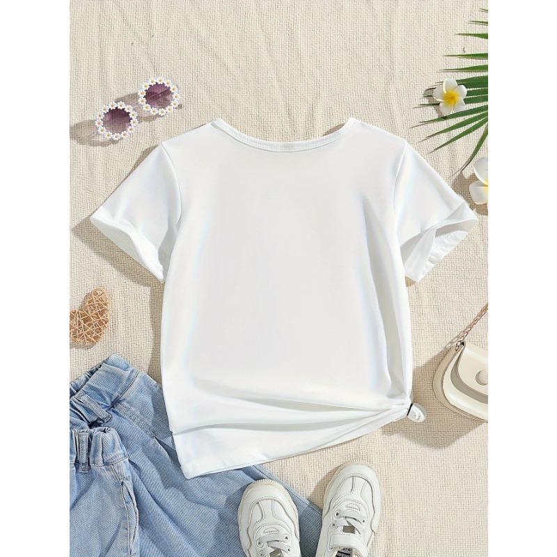 Cute And Easy Cartoon Letter Print Short-Sleeve T-Shirt for Girls, Perfect for Summer Wear, Knit
