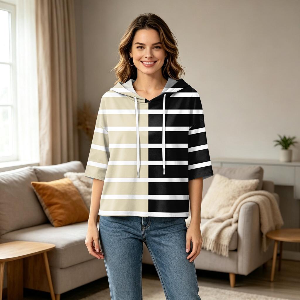 Women's Casual 3/4 Sleeve Geometric Print Hooded T-Shirt Top for Everyday Wear