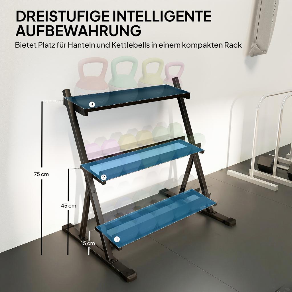 Adjustable Three-Tier Dumbbell Rack Max. 200kg Non-Slip Dumbbell Stand with Adjustable Rods