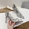 Fashion Crystal Pumps Women's 2025 Summer Banquet Red Bottom Fine Heel Flat Shoes Silver Transparent Water Diamond High Heels Womens