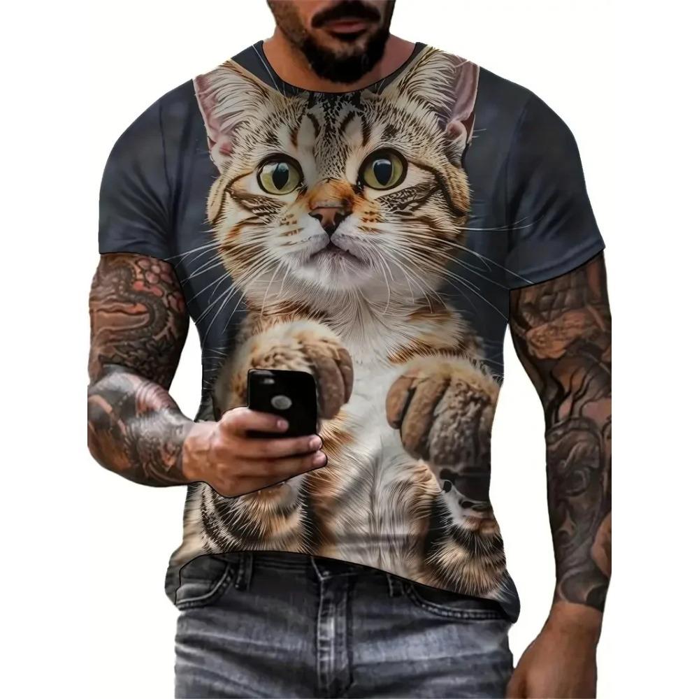 Summer Round Neck 3D Print Funny Cat Pattern Top Fashionable Casual Short Sleeved Men's T-shirts