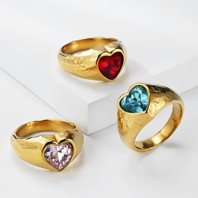 Gold Plated Heart Zircon Ring, 5 Colors Hammered Stainless Steel Band, Vintage Chunky Love Gemstone Finger Ring for Women
