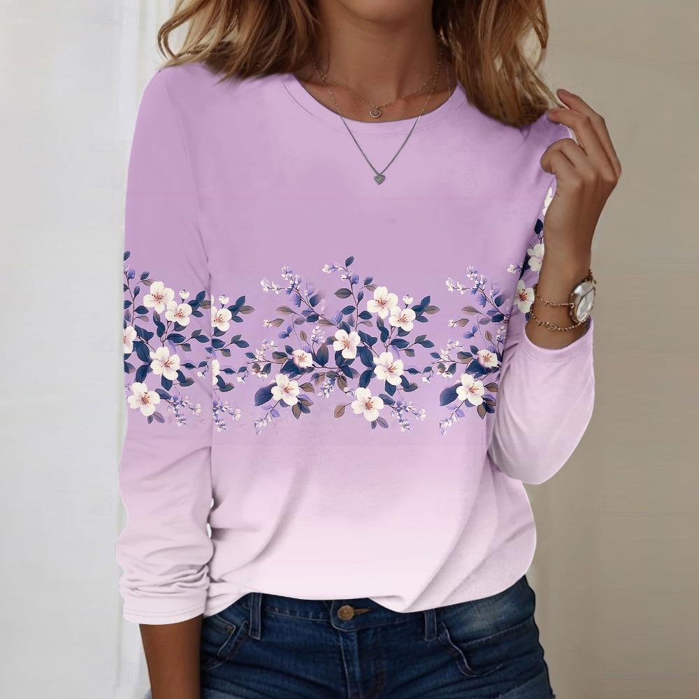 Women Fashionable Casual Long Sleeved Round Neck Floral Graphic Top Basic Design Loose And Comfortable Pullover