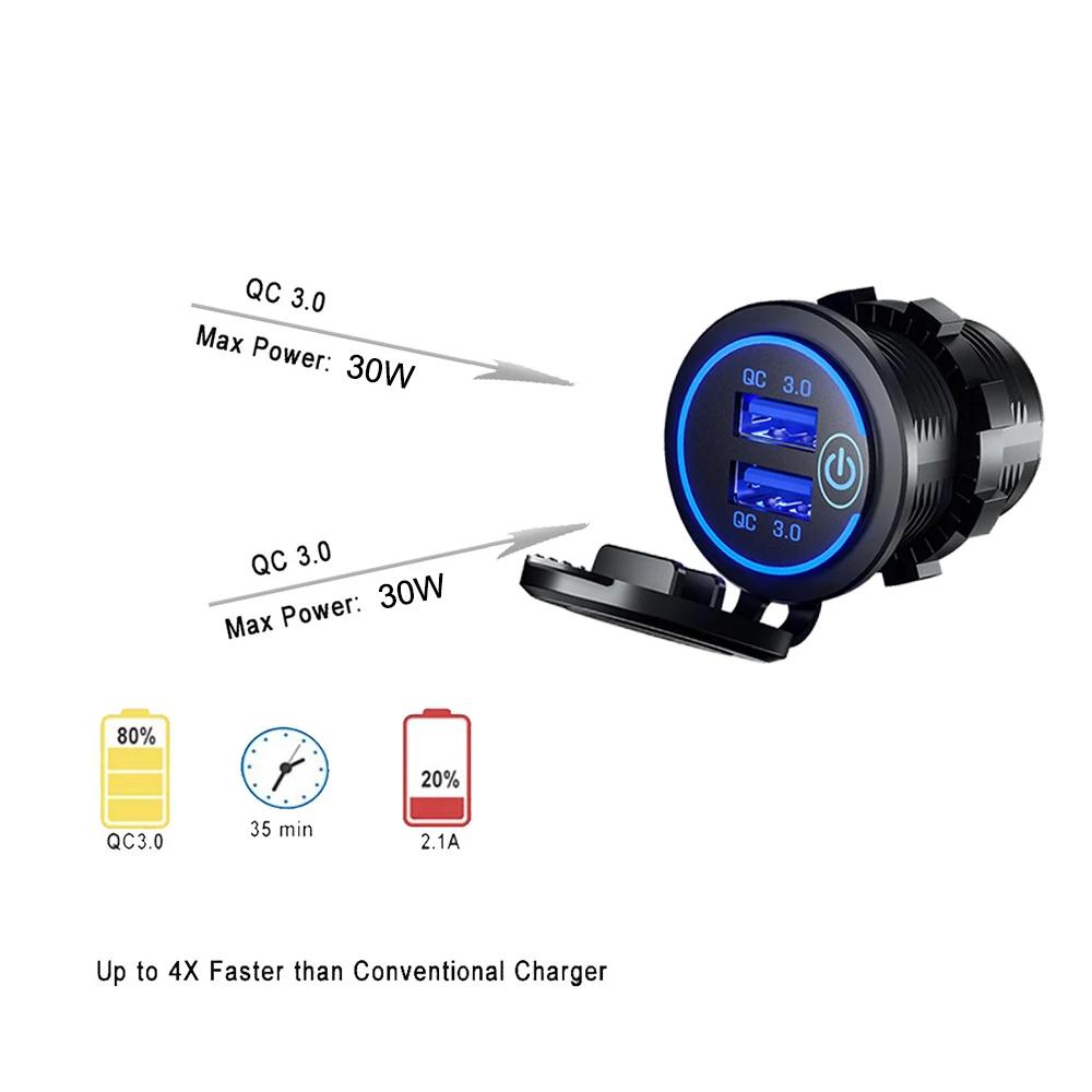 Quick Charge 3.0 Dual USB  Fast Car Charger Socket Accessories Waterproof 12V 24V QC3.0 Power Outlet with Touch Switch Led Light