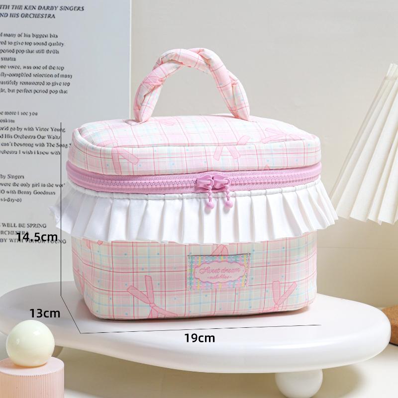 

Дизайн меньшинства Кореи Жареные пончики Портативная косметичка Большая вместимость Плиссированное кружево Цвет Клетчатая сумка для стирки