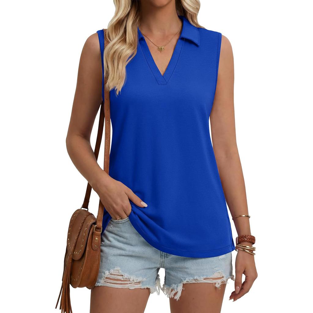 Women's Fashion Casual Lapel Sleeveless Color Shirt Women's V-Neck Up Tops