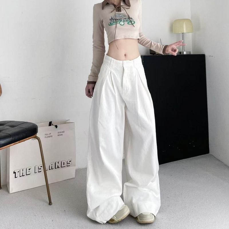 

Women s High Waist Retro Black Pleated Wide Leg Jeans - Spring Slimming Textured Style Extra Large білий