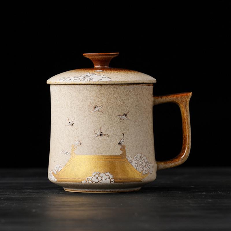 Beige Forbidden City Crane Teacup - Cultural Souvenir Business Gift Mug with Logo 301-400ml