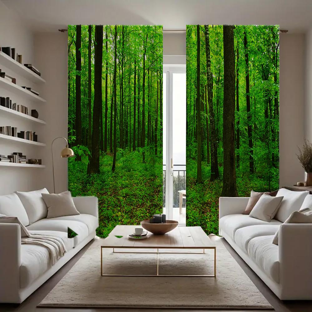 2PC Home Green Forest Curtains With Landscape Background And Pole Pocket Curtains, Kitchen, Coffee Shop, Living Room