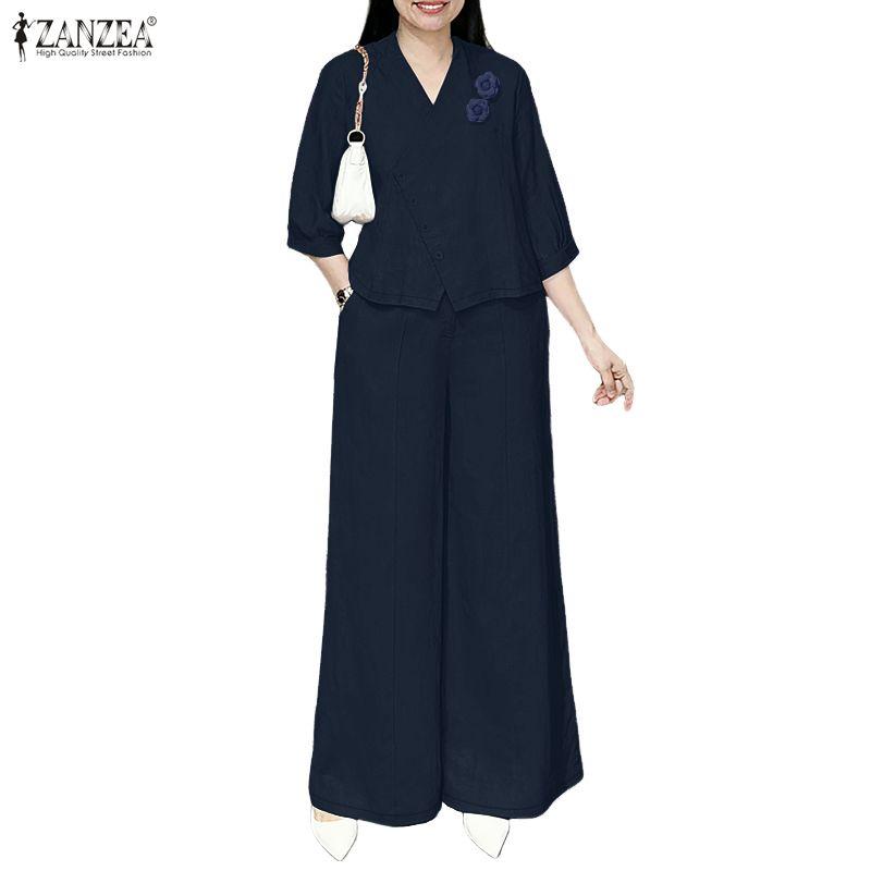 ZANZEA Women 3/4 Sleeve Blouse and Pants Casual Two Piece Suit Sets