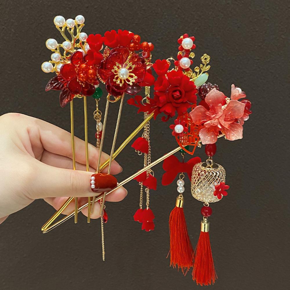 Red Flower Pendant Hair Stick Vintage Hanfu Hairpin Beauty Chinese Headwear  Girls