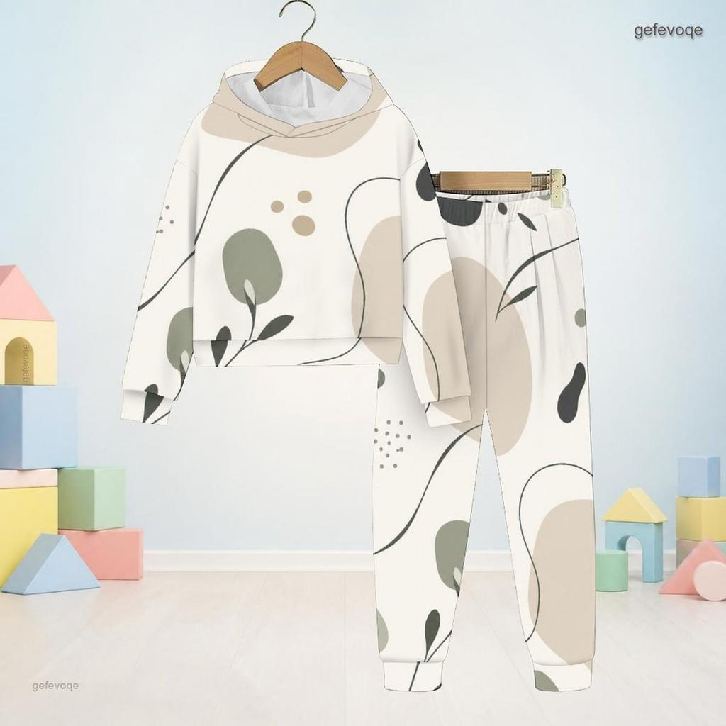 Kids Boys Girls Abstract Printed Hooded Long Sleeve Sweatshirt Cuffed Pants Two Piece Set