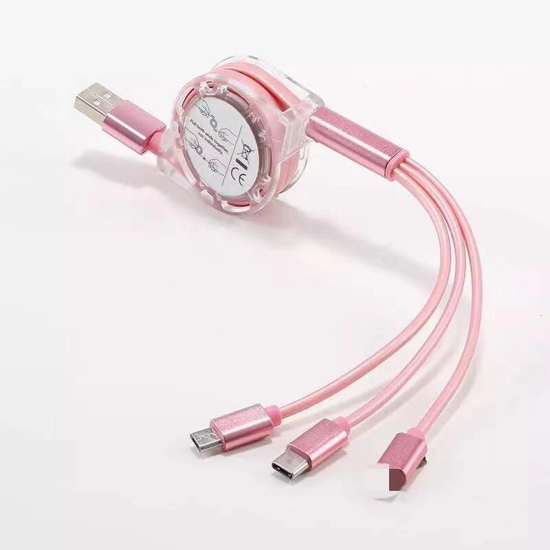 Retractable Crystal One-to-Three Fast Charging Cable: Multi-function for Mobile Phones.