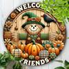 Welcome Friend Scarecrow Wreath Sign 7.8 Inch Metal Wall Decor Plaque, HD 2D Printing, Durable Aluminum, Intricate Details
