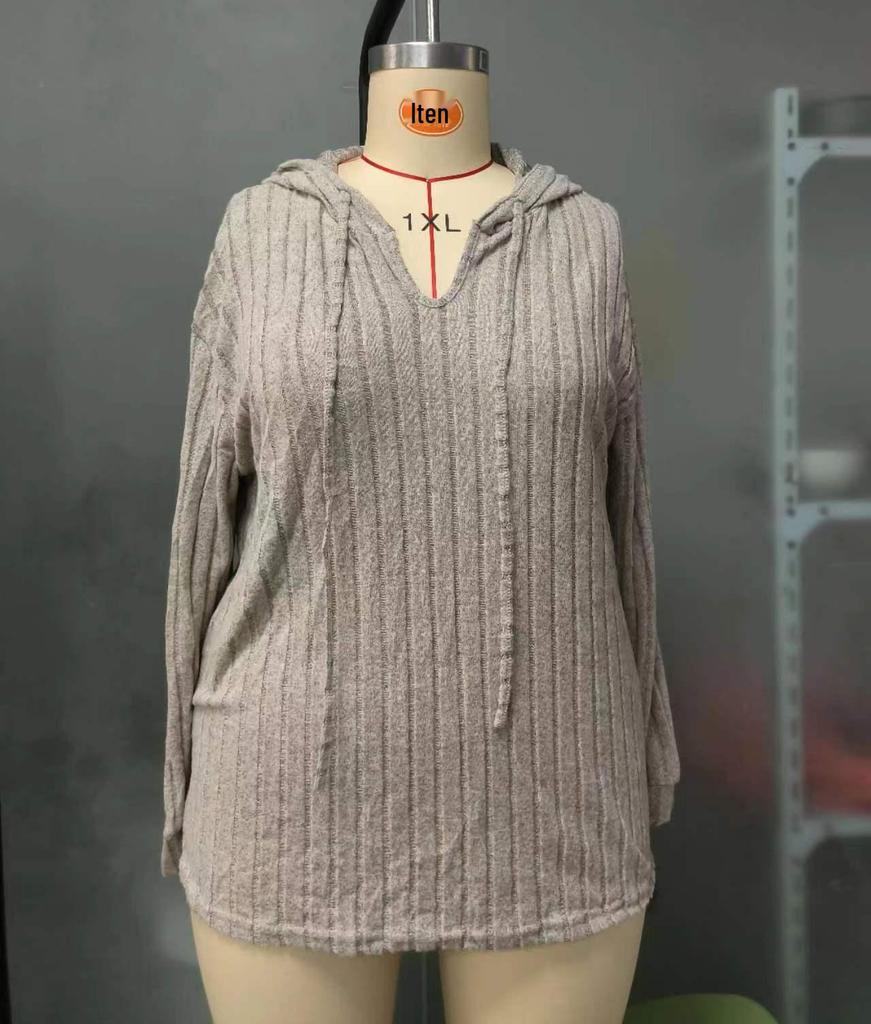2026 Autumn/Winter V-Neck Plus Size Women's Hooded Ribbed Long Sleeve T-Shirt
