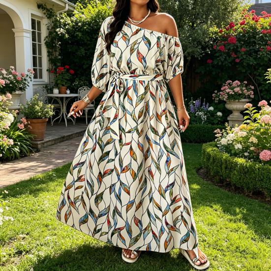 Damen Floral Ein Schulter Maxikleid Kurzarm A-Linie Schwingend Langes Kleid Formell Abendparty Hochzeitsgast Kleid mit