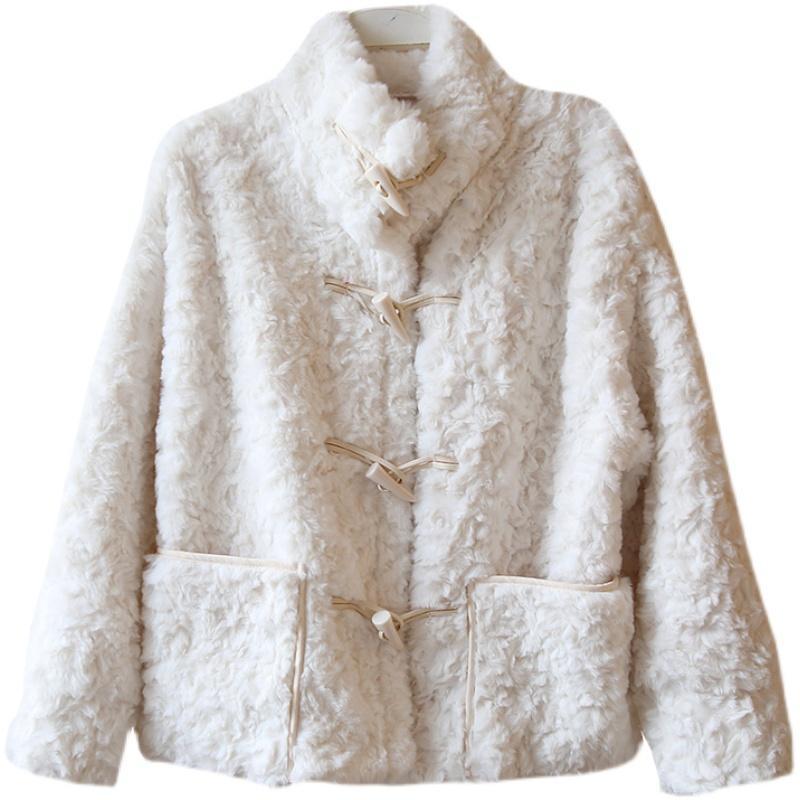 Women's Short Thickened One-piece Woolen Coat with Horns and Lambskin Winter