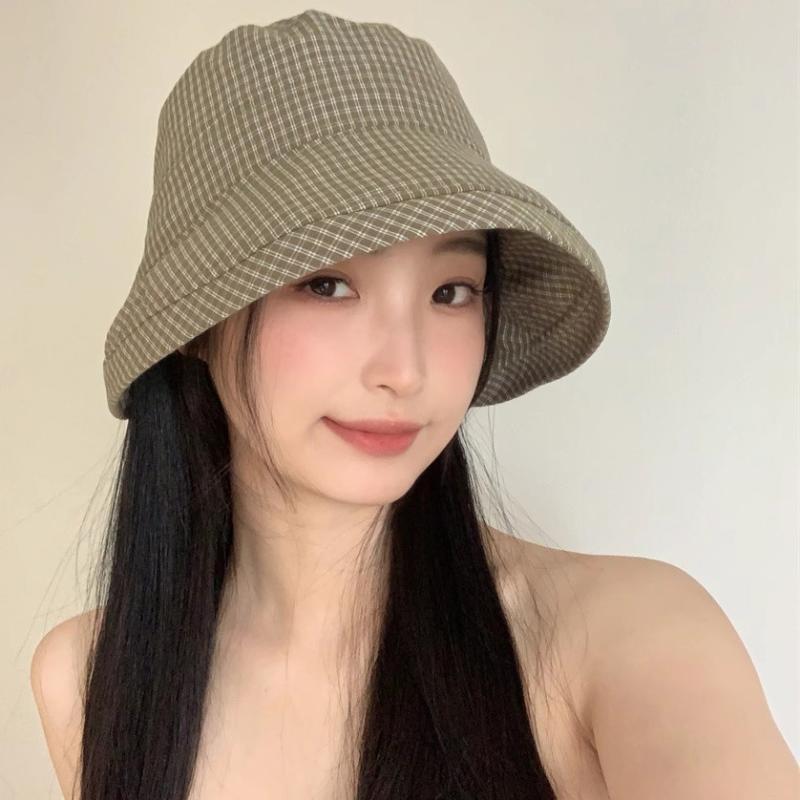 Summer Plaid Bucket Cap Curled Bow Plaid Sun Hat Foldable Quick-Dry Fisherman Caps Outdoor Mountaineering Hat