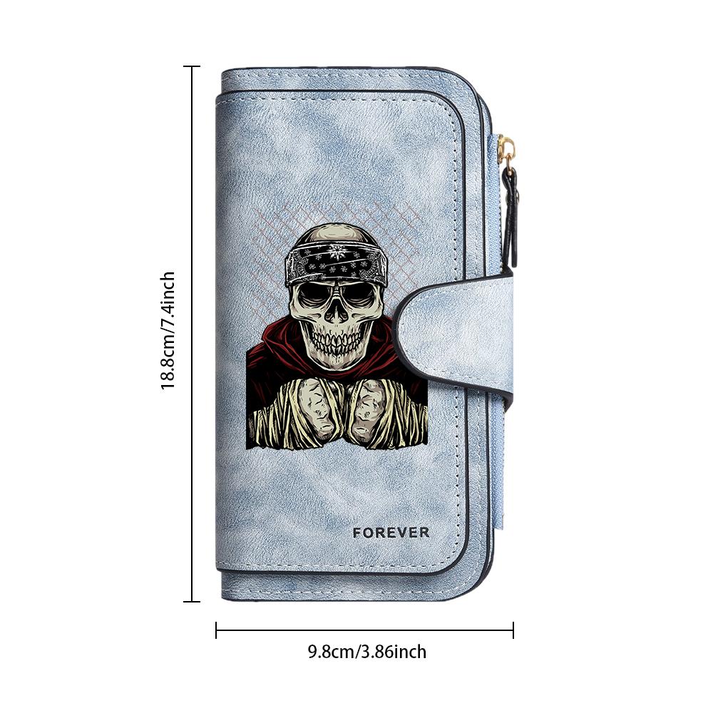Gothic Skull Pattern Long Wallet for Men Women Daily Use PU Leather Card Holder Purse with Zipper Pocket