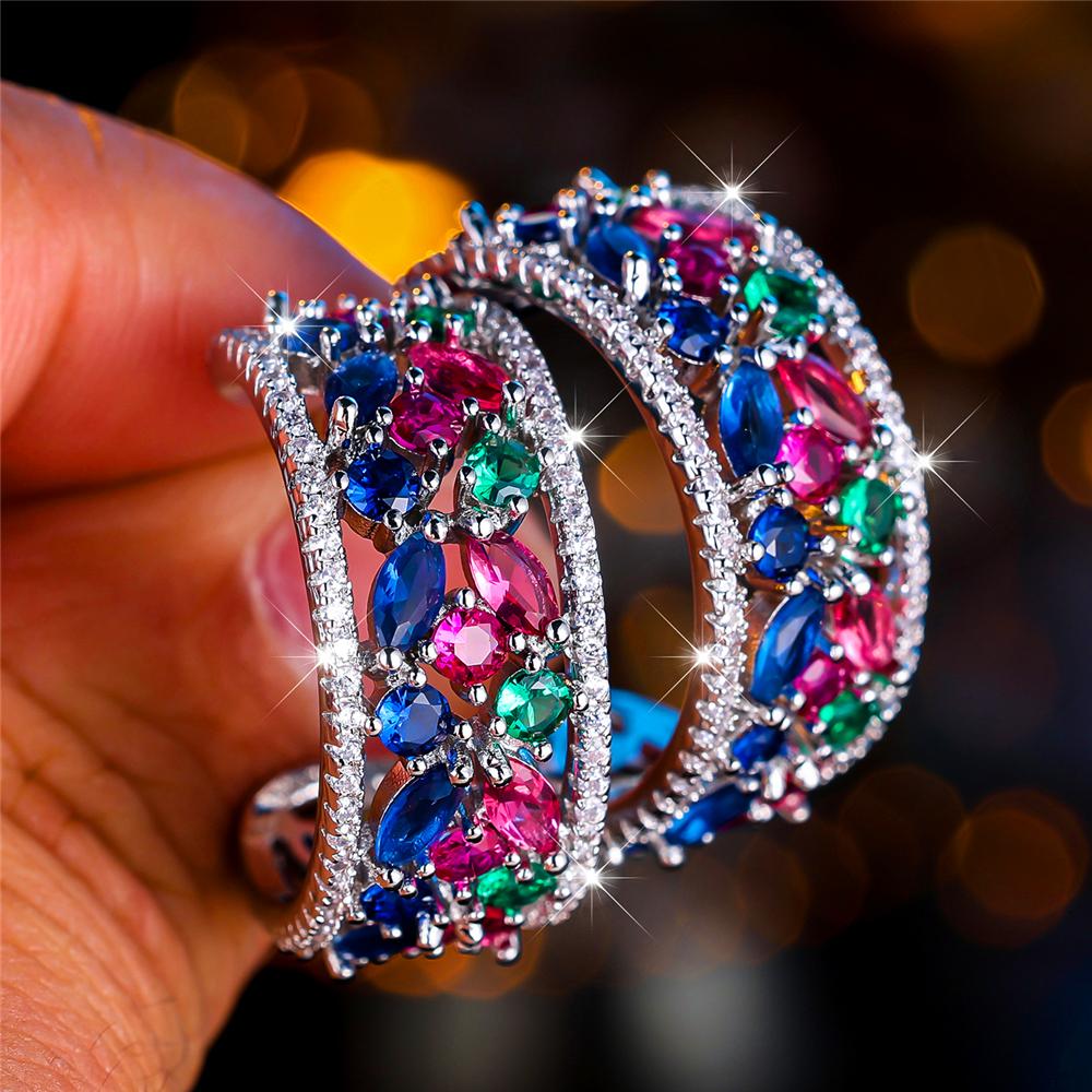 

Luxury Female Red Green Rainbow Zircon Crystal Stone Stud Earrings Big Charm Silver Color Wedding European Jewelry For Women