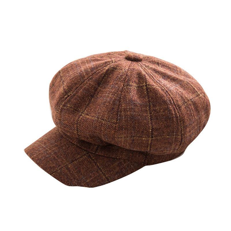 Plaid Beret Ladies Autumn and Winter Versatile Soft Girl Bud Hat Vintage British Octagonal Hat