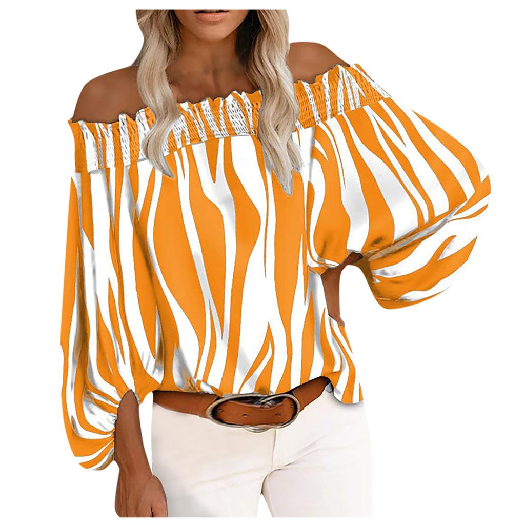 Women's Casual Striped Print Sexy One-Shoulder Long-sleeved Chiffon Shirt