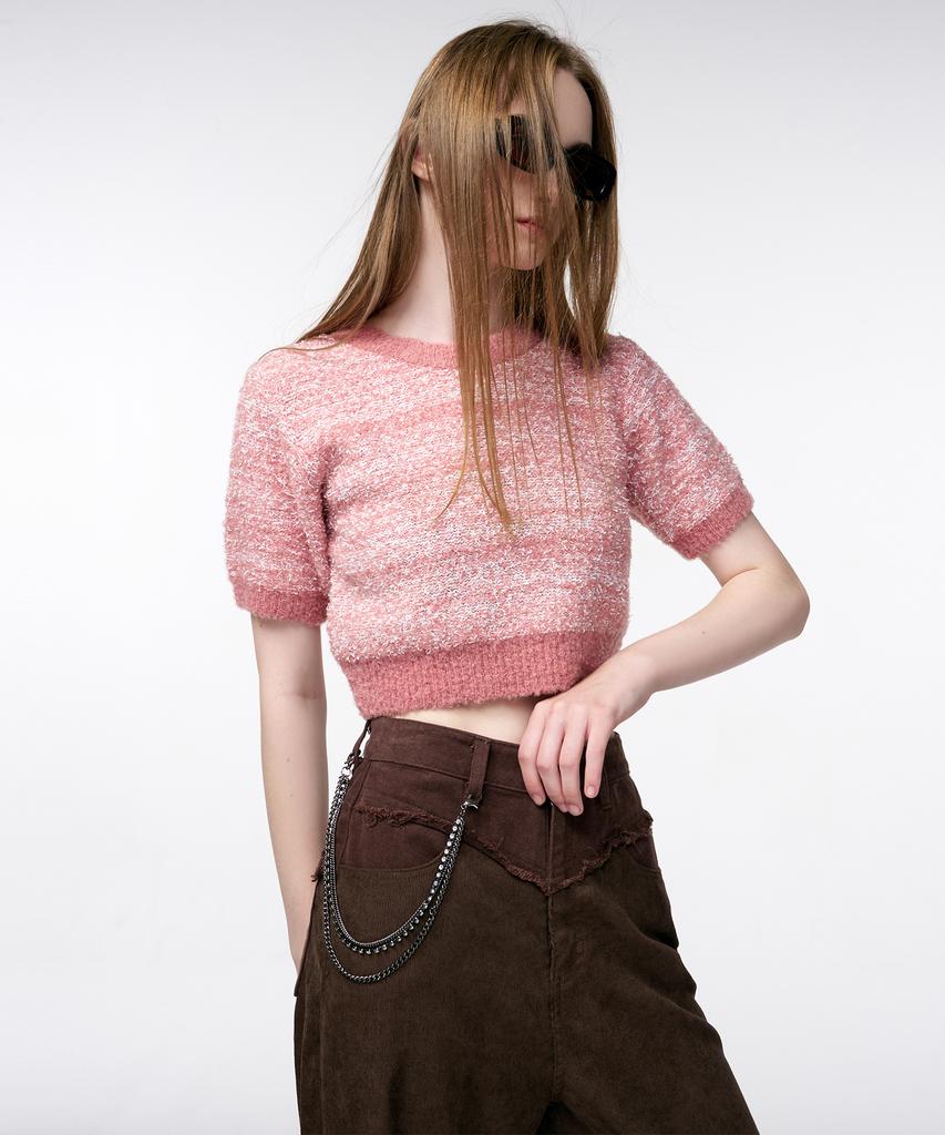 ETMON Color Blend Short Sleeve Knit Top Coral Pink