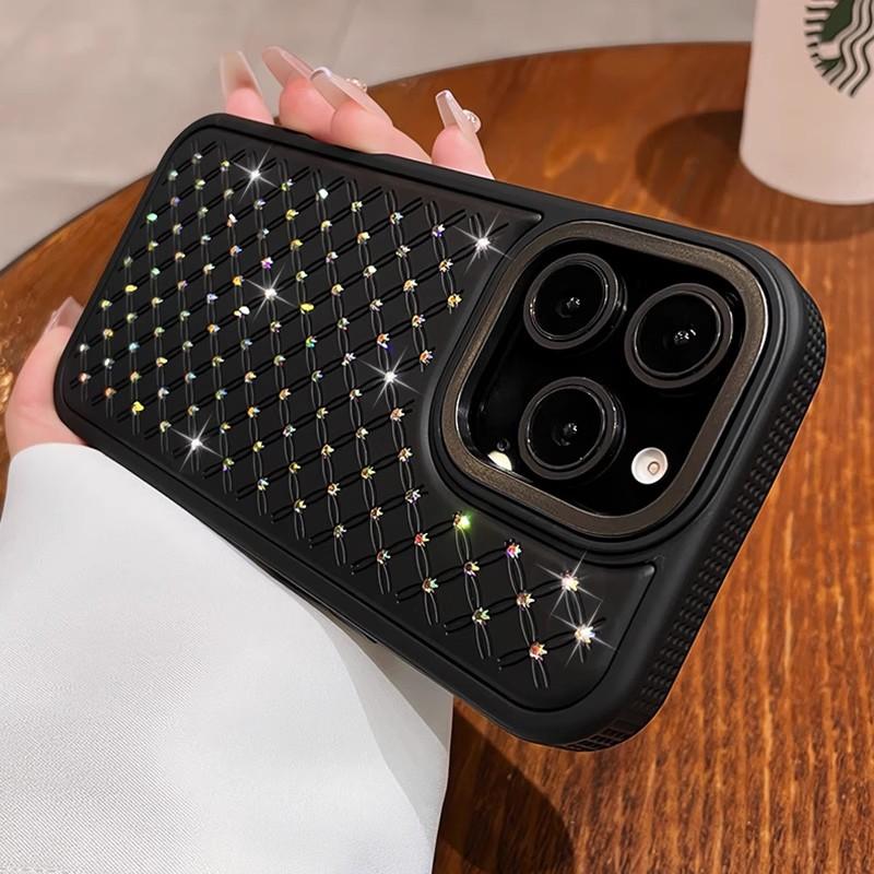Luxury Bling Sparkling Diamond Rhinestones Case for iPhone 12 13 14 15 16 17 Pro Max Lattice Texture Soft Silicone Bumper Cover