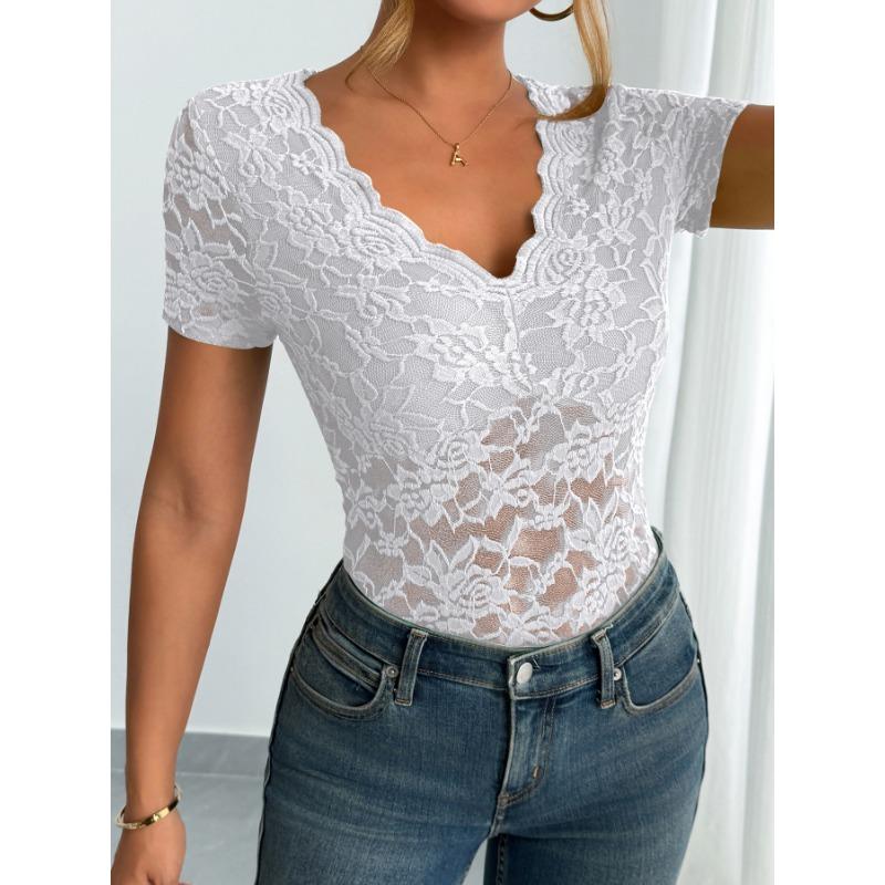 Women S Sexy Lace V Neck Short Sleeve Top
