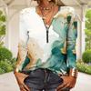 Women Plus Size Half Zipper Round Neck Long Sleeve Green Abstract Printed T Shirt