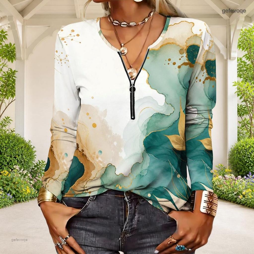 Women Plus Size Half Zipper Round Neck Long Sleeve Green Abstract Printed T Shirt