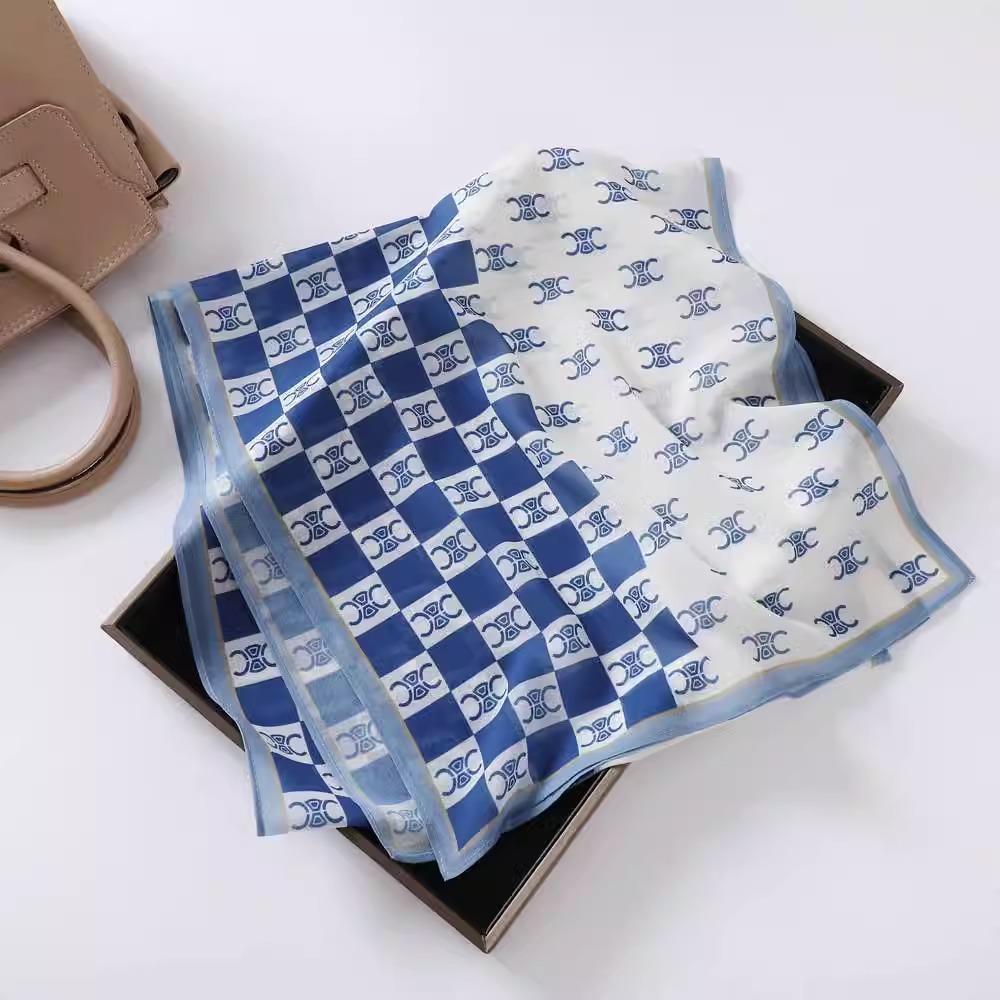 Fashion new long silk scarf women's Korean version line printing simulation silk medium length thin scarf sunscreen shawl
