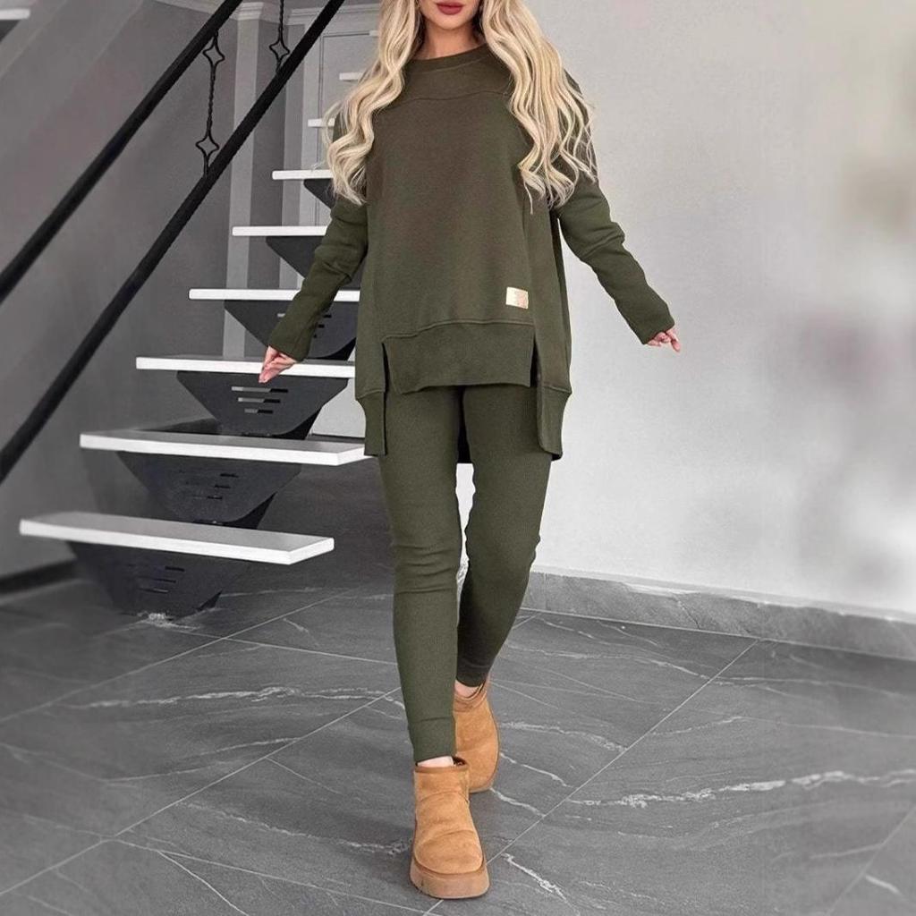 2024 Grenzüberschreitender Herbst/Winter Damen Einfarbig Langarm Rundhals Top Set