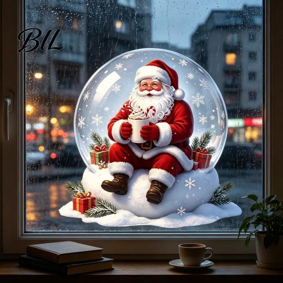 Holiday Gift for Friends Christmas Window Clings Decoration, Cartoon Santa Claus Sticker with Crystal Ball, Ball Wall Stickers Hot Cocoa, Reusable