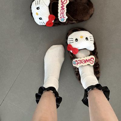 Cartoon Hello Kitty Thick-soled Warm Fluffy Shoes for Women's 2025 Autumn and Winter New Fashionable Retro Velcro Bag Head Slippers