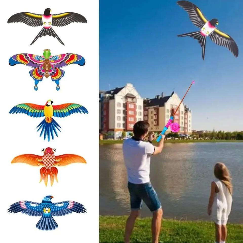Mini Fishing Rod Kite Easy To Fly Foldable Cartoon Butterfly Swallow Parrot Kites for Kids Outdoor Beach Park Beginner Toy
