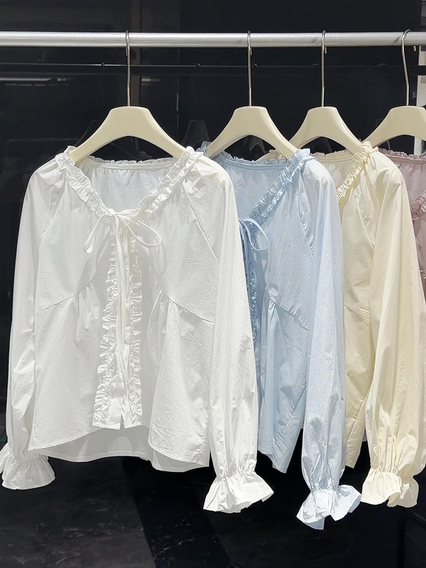 Niche Chic Ruffled Patchwork Lace-Up Long-Sleeve V-Neck Slimming Women s Spring Shirt One Size белый