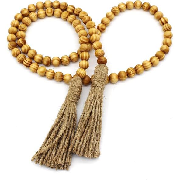 CVHOMEDECO. Wood Beads Garland with Tassels Farmhouse Rustic Wooden Prayer Bead String Wall Hanging Accent for Home Festival Decor. Mix Distressed