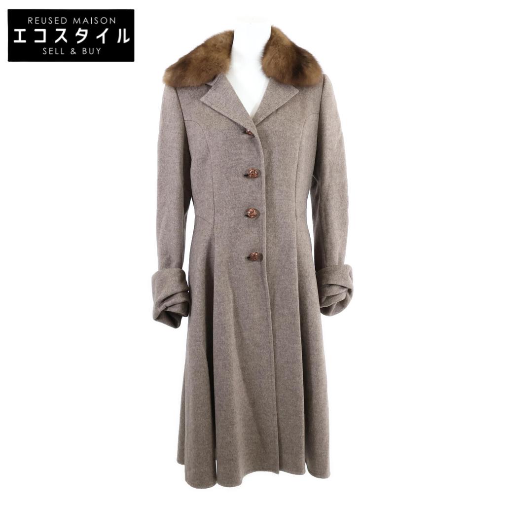 FOXEY [Good Condition] 33584-ACFE15KN Cashmerex Nylon Sable Fur Collar Leather Walnut Buttons Coat 40 greigeUsed