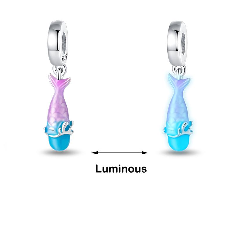 Abalorios luminosos de plata de ley 925 auténtica con forma de ballena, pulpo, concha marina, color azul, aptos para pulseras originales 925, joyería fina DIY