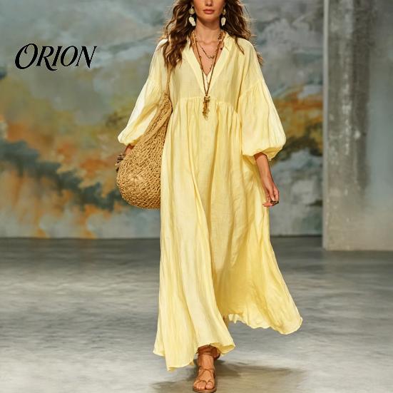 Comfortable Women Dress Women's Deep V Neck Maxi Dress, Puff 3/4 Sleeve Elegant Casual A-Line Flowy Loose Boho Beach Sundress Versatile