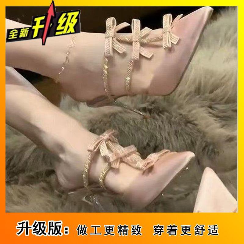 Bow rhinestone section stiletto slippers pointed high heels 2025 new women's outerwear bag head half drag cool slippers